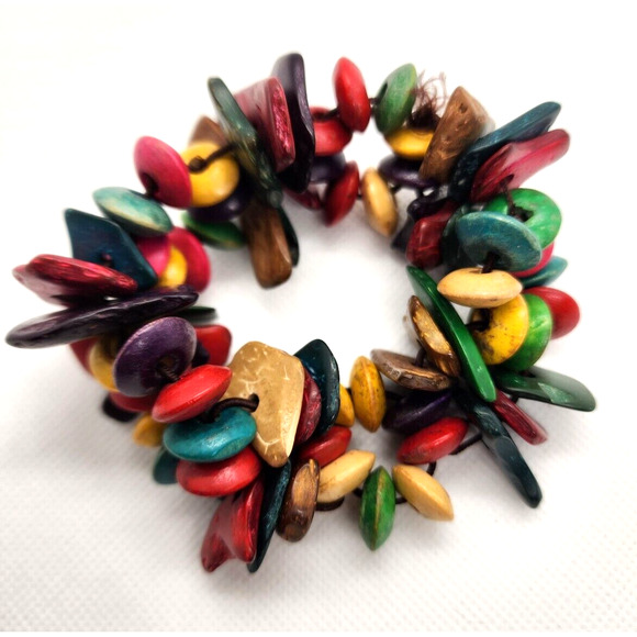 BRACELET-Wood Beaded Elastic-By Or In The Style of Addo Zakour-MultiColor - Picture 2 of 4